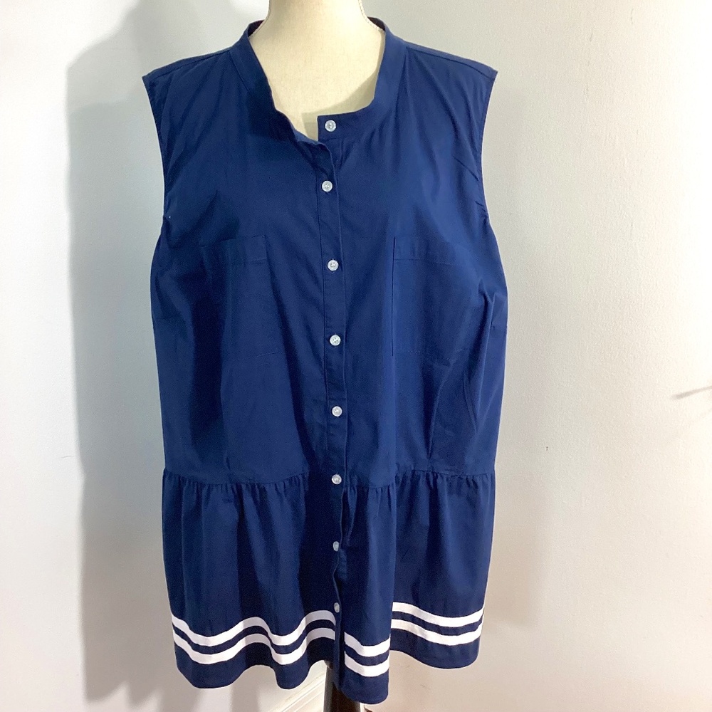 ELOQUII PLUS SIZE 28W NAVY COTTON SLEEVELESS BLOUSE RUFLE BABY DOLL